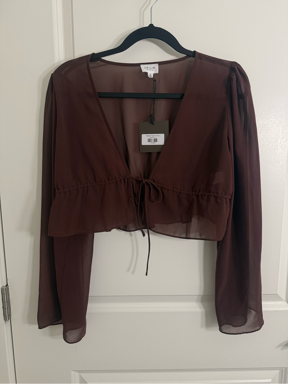 Le Lis Brown Sheer Tie-Front Cropped Blouse
